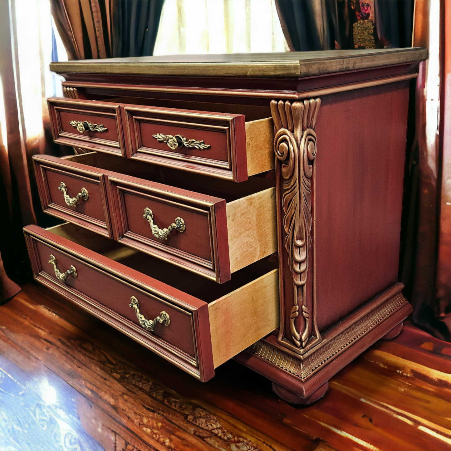 Red Painted Dresser Chest with Gold Trim - Ornate Furniture