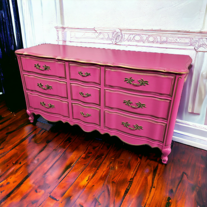 Hot Pink Painted Dresser with Gold Trim - 1970's Vintage Furniture