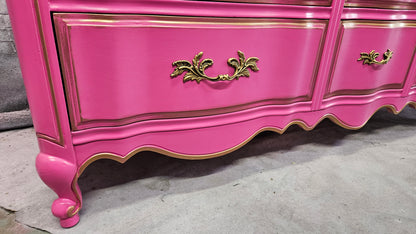 Hot Pink Painted Dresser with Gold Trim - 1970's Vintage Furniture