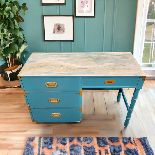 Turquoise & Gold Epoxy Pour Vintage Dixie Campaigner Desk